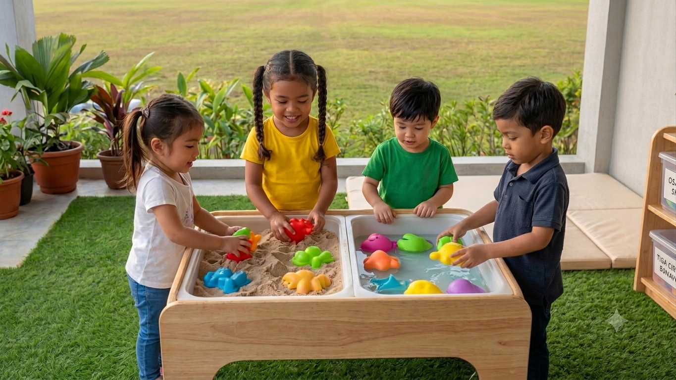 Children enjoying sand and water sensory play outdoors
