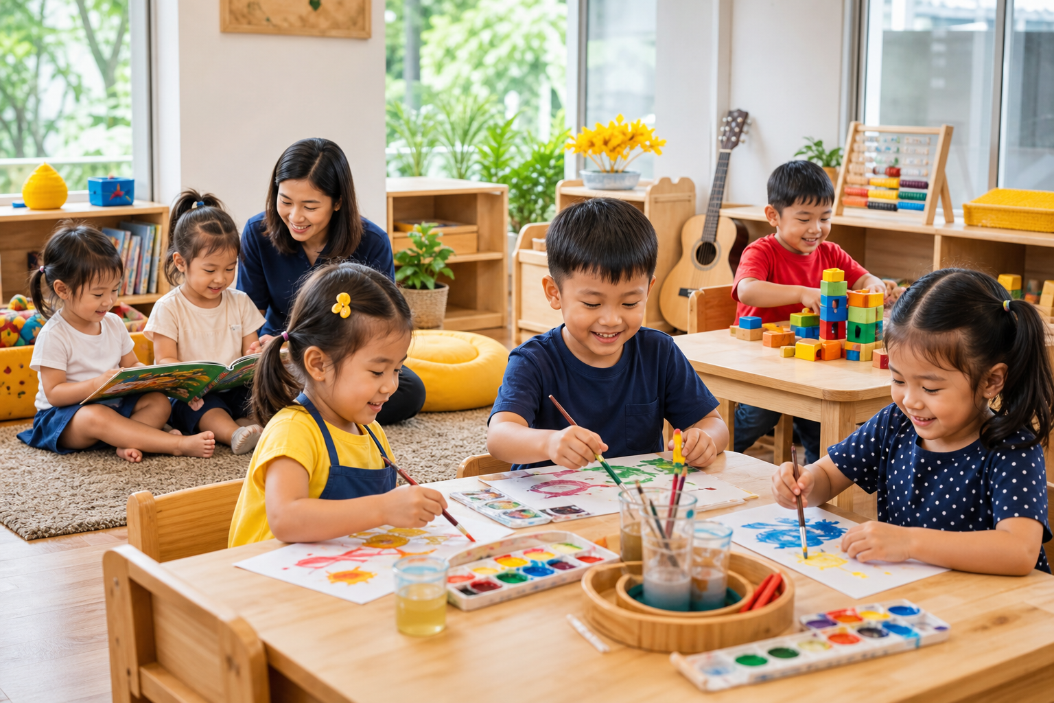 Preschool children enjoying art, books and building activities together in a bright playschool classroom